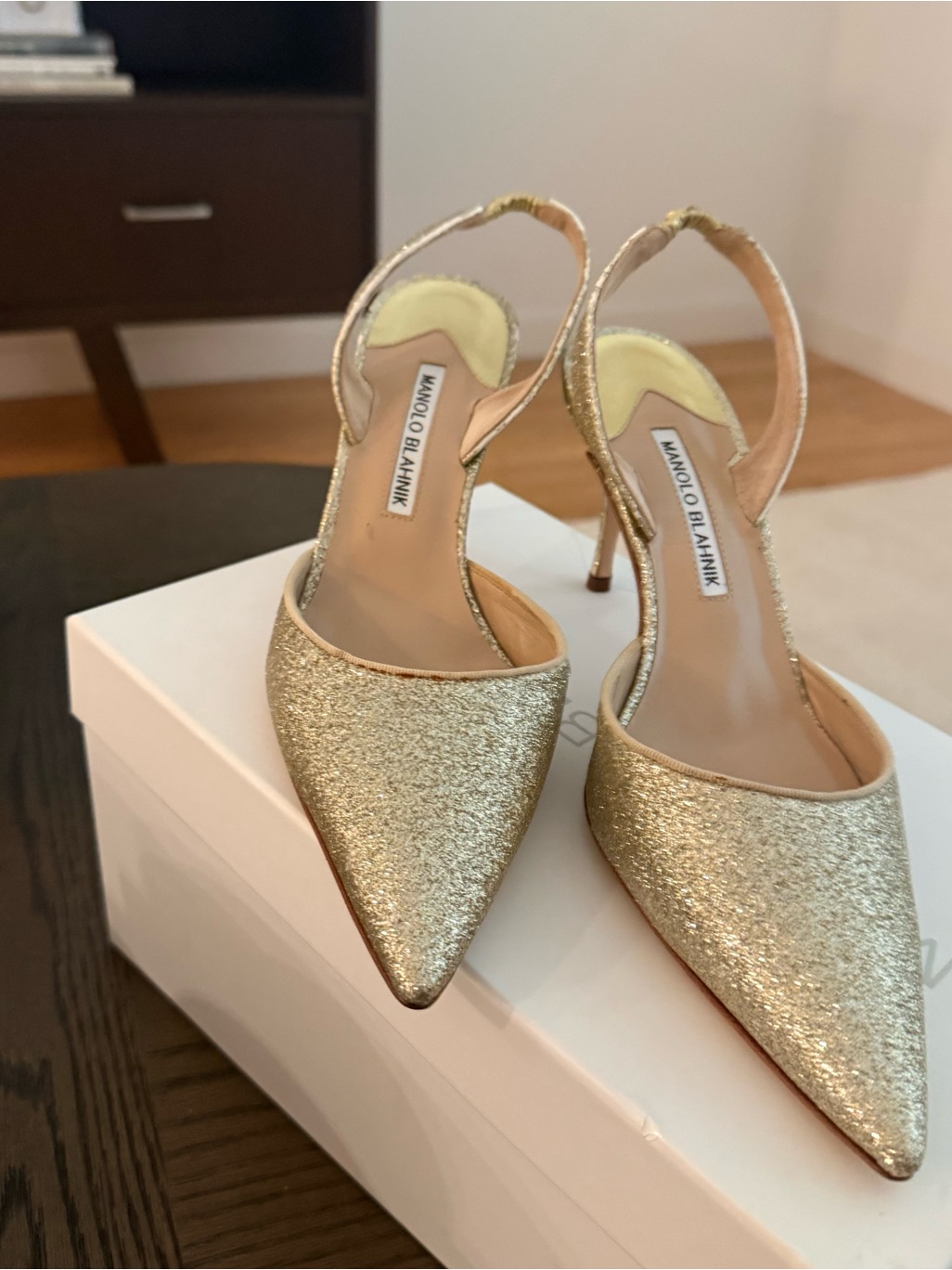 Manolo Blahnik Gold Glitter Pointed Slingback Heels